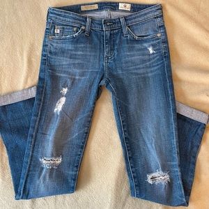 AG ADRIANO GOLDSCHMIED “The Stilt Roll-Up” Cigarette leg distressed jeans